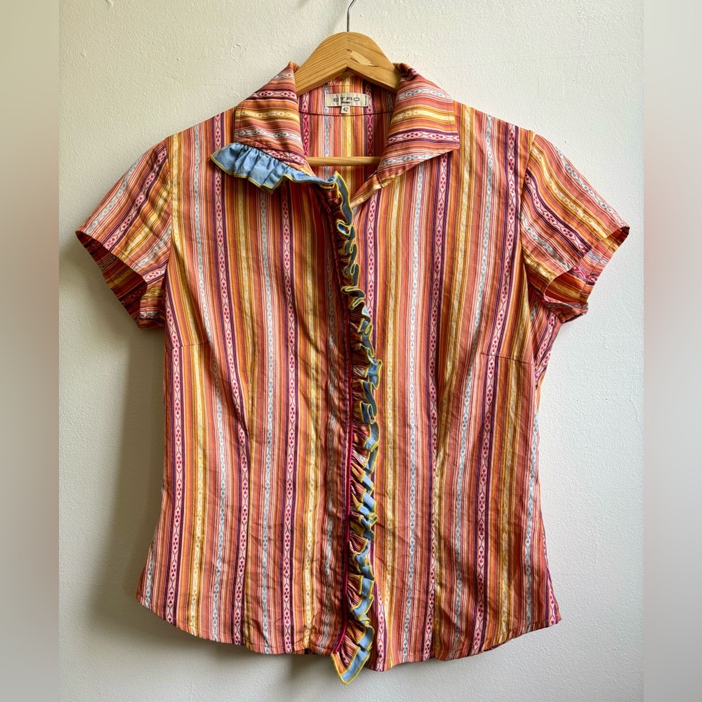 Etro Multicolor Striped Short Sleeve Ruffle Blouse